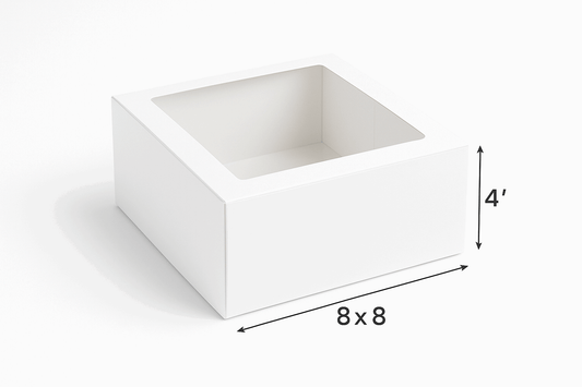 A professional product photo of white bakery cake boxes with transparent top sheets in the size of 8"x8"x4" on a white background