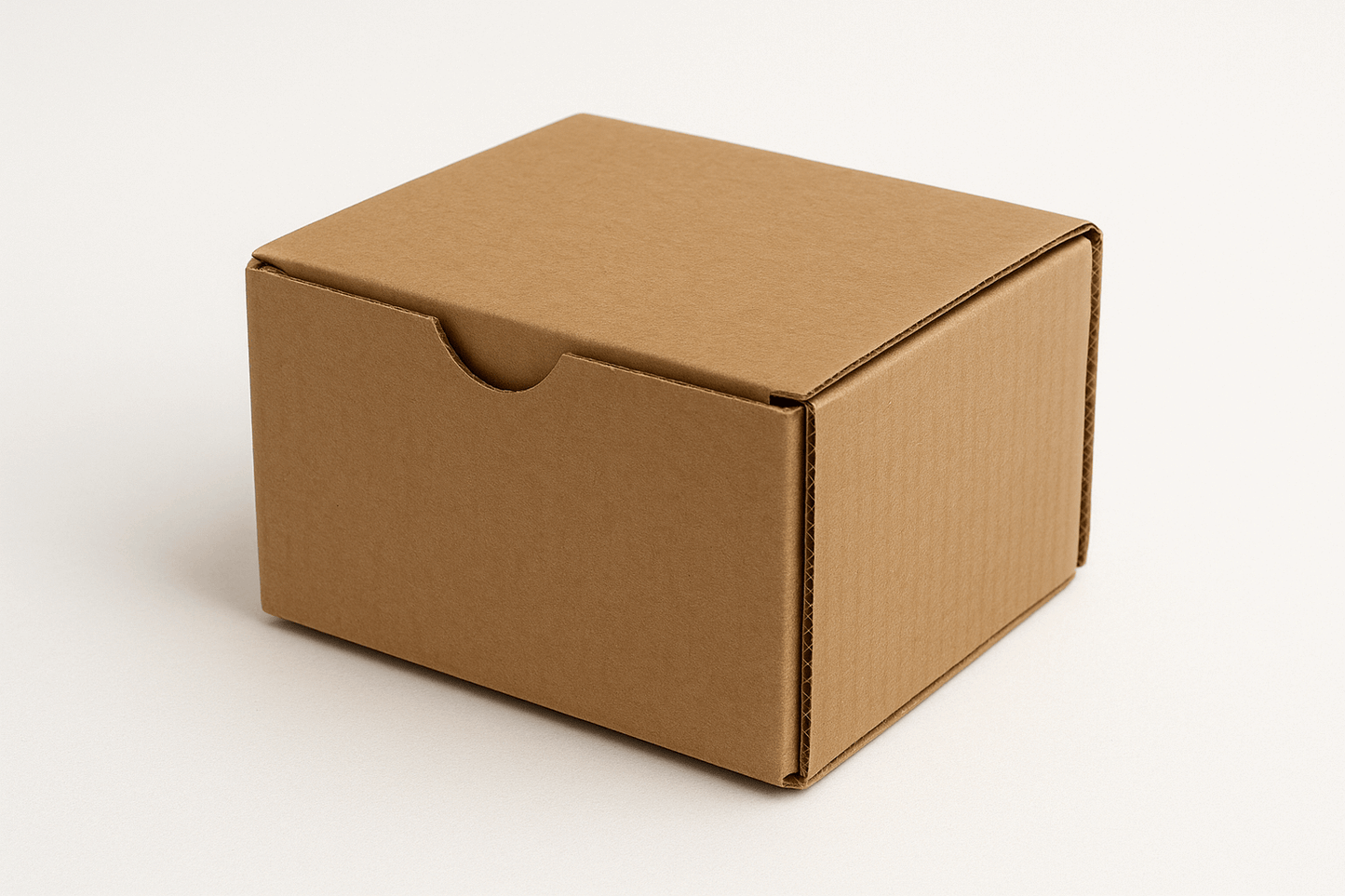 A realistic image of a compact 4.7x3.5x2.5 inch jewelry box made from corrugated cardboard. The small box features a smooth exterior finish with visible corrugated texture on the sides, combining elegance with durability. The empty box has neatly folded top flaps and is displayed against a white background, highlighting its small size and sturdy construction ideal for shipping delicate jewelry items.