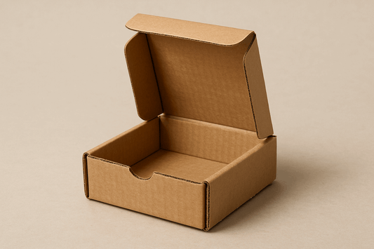 A realistic image of a compact 6.5x6.5x2.5 inch corrugated cardboard box with a square shape and neatly folded flaps. The empty box shows visible corrugated texture and fluted layers, highlighting its durability despite its smaller size. The box is displayed against a neutral background, showcasing its practicality for shipping smaller items weighing up to half a kilogram.