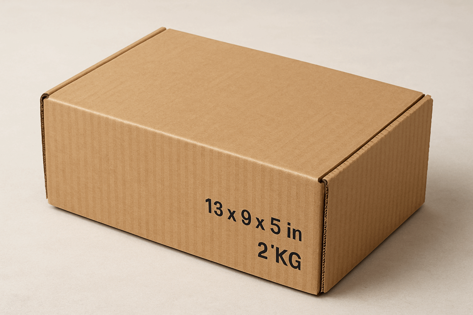 A realistic image of a rectangular 13x9x5 inch corrugated cardboard box with securely closed flaps. The empty box displays visible corrugated texture and fluted layers, highlighting its durability for shipping medium-weight items up to 2 kilograms. The box is positioned against a neutral background, showcasing its sturdy construction and recyclable nature, perfect for reliable e-commerce shipping of books, electronics, or packaged food.