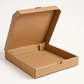 A realistic image of an empty 12x12x2 inch square pizza box made from corrugated cardboard with its top flaps open. The box displays prominent corrugated texture with visible fluted layers, showcasing its durability for shipping medium-sized pizzas. Positioned on a clean white background, the box's dimensions and recyclable brown cardboard material are clearly highlighted, making it ideal for e-commerce food delivery.