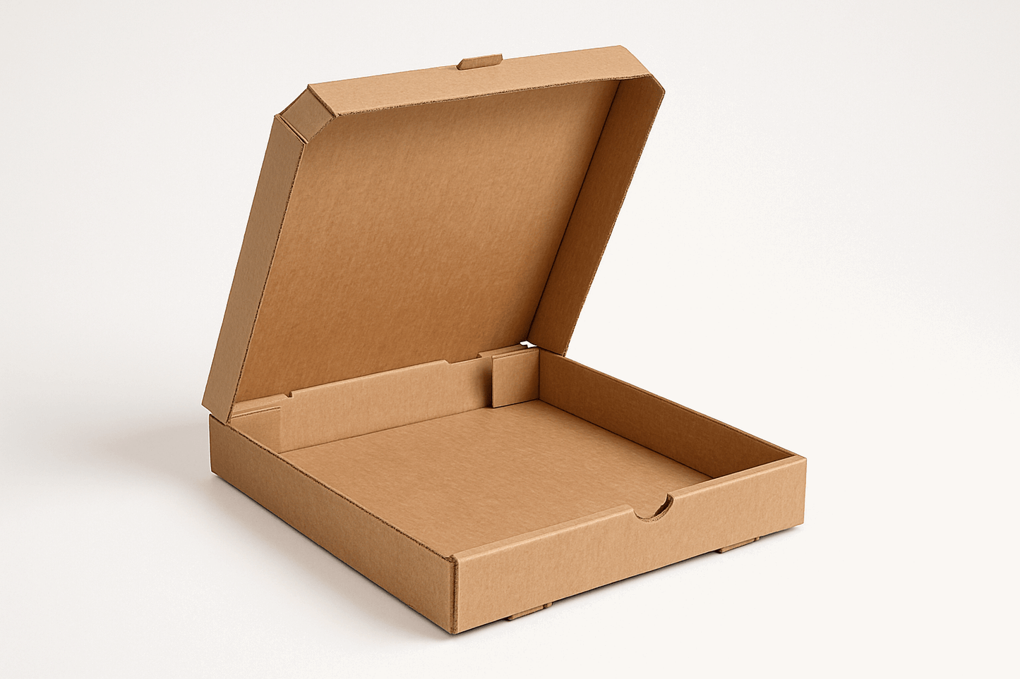 A realistic image of an empty 12x12x2 inch square pizza box made from corrugated cardboard with its top flaps open. The box displays prominent corrugated texture with visible fluted layers, showcasing its durability for shipping medium-sized pizzas. Positioned on a clean white background, the box's dimensions and recyclable brown cardboard material are clearly highlighted, making it ideal for e-commerce food delivery.