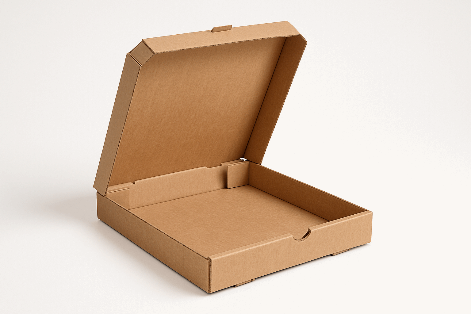 A realistic image of an empty 12x12x2 inch square pizza box made from corrugated cardboard with its top flaps open. The box displays prominent corrugated texture with visible fluted layers, showcasing its durability for shipping medium-sized pizzas. Positioned on a clean white background, the box's dimensions and recyclable brown cardboard material are clearly highlighted, making it ideal for e-commerce food delivery.