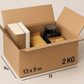 A realistic image of an open 13x9x5 inch corrugated cardboard box containing neatly arranged medium-weight items including hardcover books, a small kitchen appliance, and packaged food items. The sturdy, fluted texture of the cardboard is clearly visible on the sides, showcasing the box's strength and capacity to hold items weighing up to 2 kilograms. The contents are carefully organized inside against a clean, neutral background.