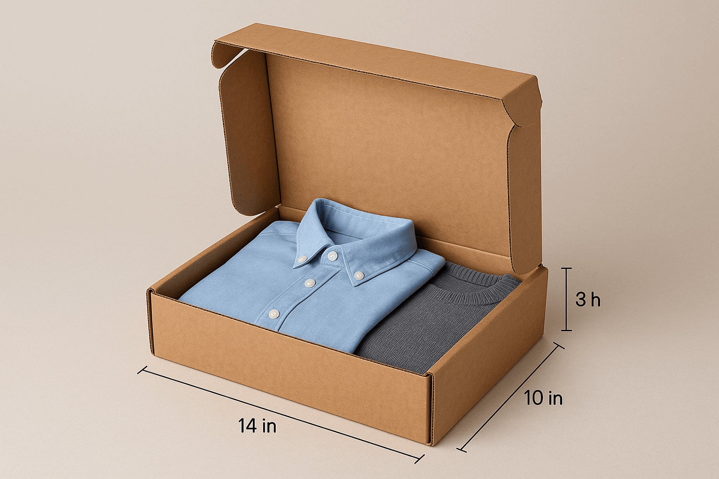 A realistic image of an open 14x10x3 inch corrugated cardboard apparel box containing neatly folded clothing items. The box shows its sturdy construction with clearly visible corrugated texture on the sides. A precisely folded shirt and sweater are visible through the open top, demonstrating professional packaging for medium-sized apparel. Soft lighting highlights the natural brown tones of the kraft cardboard against a neutral background.