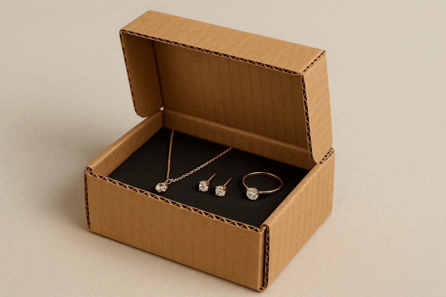 A realistic image of an open 4.7x3.5x2.5 inch corrugated cardboard jewelry box containing neatly arranged jewelry items including a delicate necklace with a pendant, a pair of earrings, and a ring. The jewelry pieces are carefully positioned inside, showcasing the box's protective qualities. The corrugated texture and fluted layers are clearly visible on the sides and edges, highlighting the box's strength despite its compact size against a simple, neutral background with soft lighting.