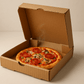 A realistic image of an open 8x8x2 inch corrugated cardboard pizza box containing a small, personal-sized pizza with visible cheese, tomato sauce, and various toppings like pepperoni and vegetables. The pizza is perfectly centered within the square box, with slight steam suggesting it's fresh and hot. The corrugated texture and fluted layers are clearly visible on the sides and edges of the box against a neutral background with soft, appetizing lighting.