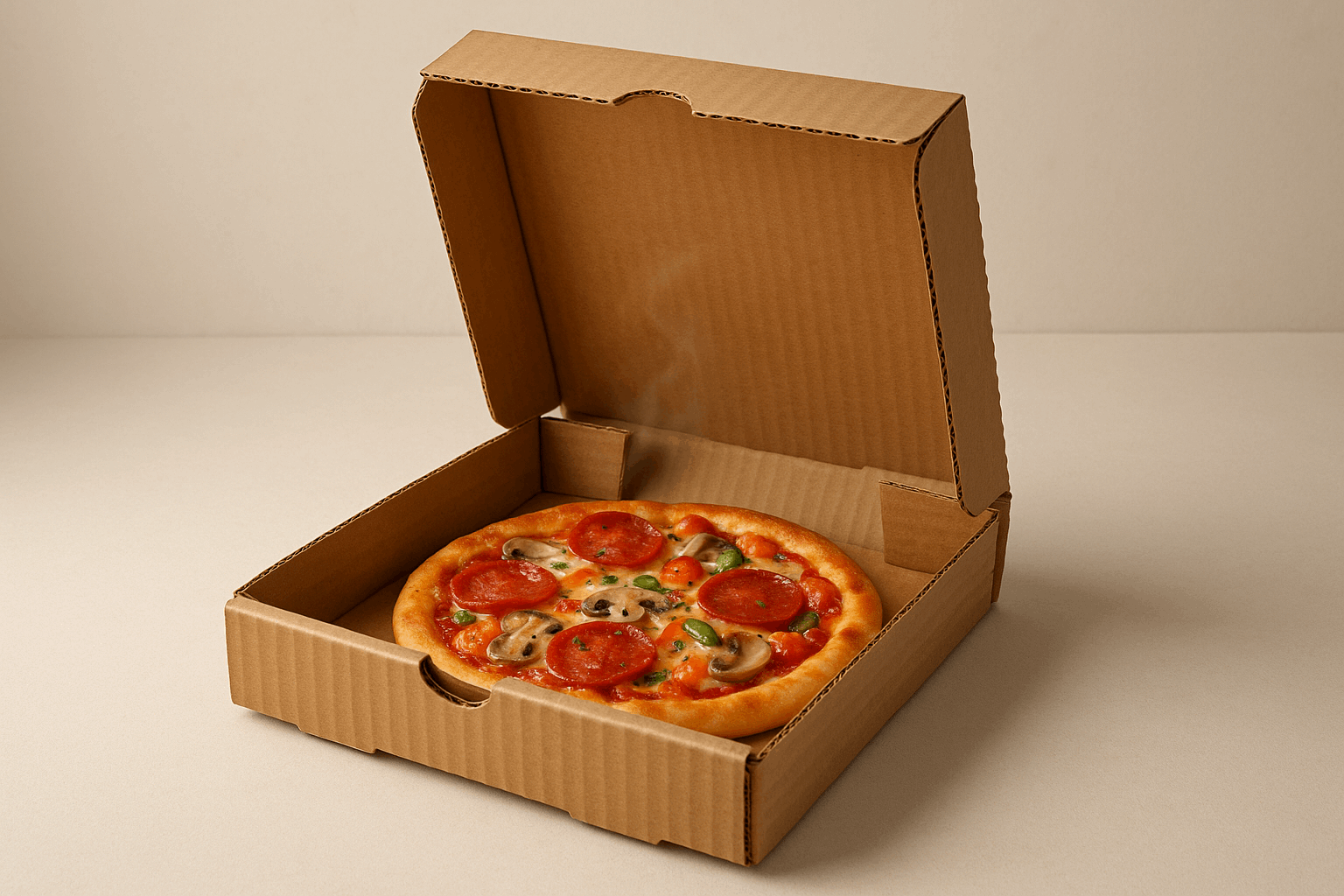 A realistic image of an open 8x8x2 inch corrugated cardboard pizza box containing a small, personal-sized pizza with visible cheese, tomato sauce, and various toppings like pepperoni and vegetables. The pizza is perfectly centered within the square box, with slight steam suggesting it's fresh and hot. The corrugated texture and fluted layers are clearly visible on the sides and edges of the box against a neutral background with soft, appetizing lighting.