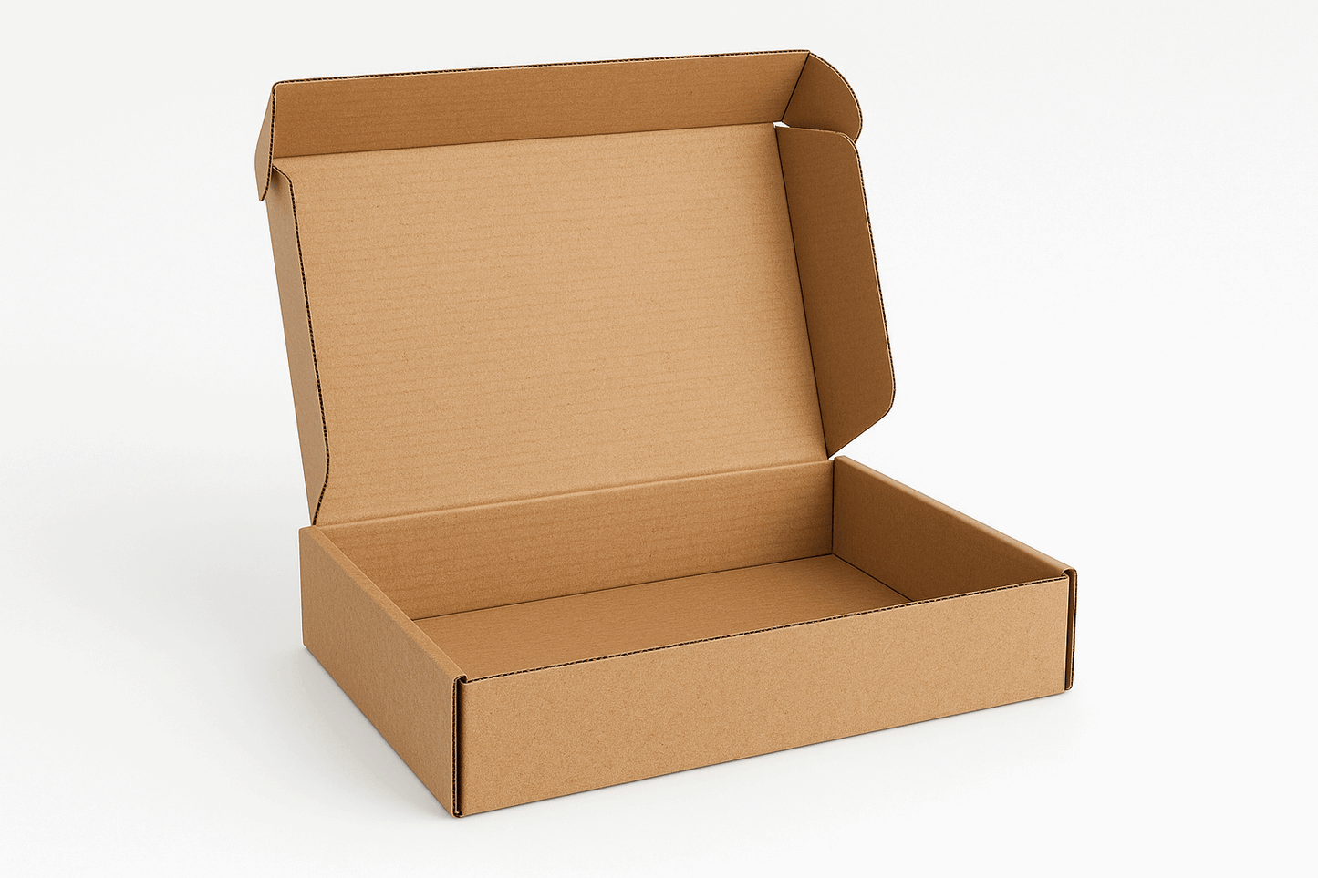A realistic open corrugated cardboard apparel box with visible fluted layers, displayed against a white background. The 14x10x3 inch box shows its sturdy construction and recyclable nature, perfect for shipping medium-sized clothing items.
