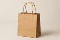 A small, compact twisted handle bag made from premium brown Kraft paper. The bag stands upright with its top slightly open, revealing the spacious interior. It features securely attached twisted paper handles for easy carrying. The natural brown paper has a smooth yet slightly textured finish that highlights its eco-friendly qualities. The bag is photographed against a clean, neutral background with soft lighting that enhances the warm tones of the Kraft paper.