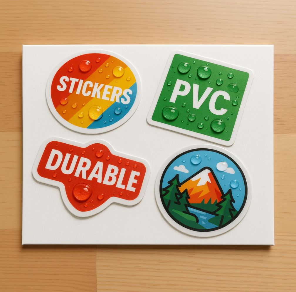Durable PVC stickers with glossy waterproof finish in various shapes showing water resistance