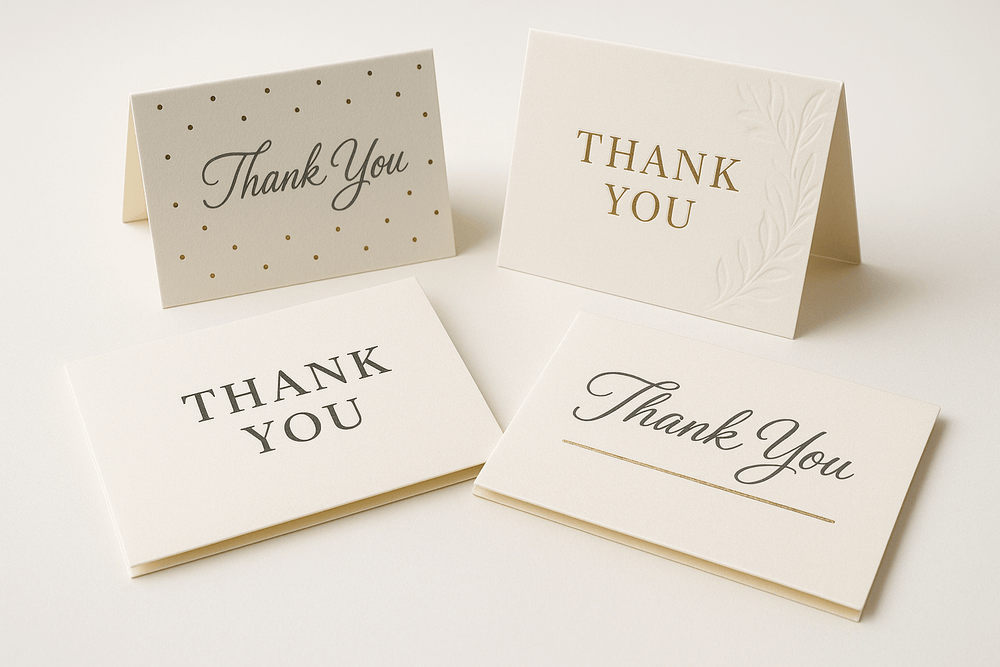 Elegant thank you cards with stylish typography and decorative elements on premium cardstock