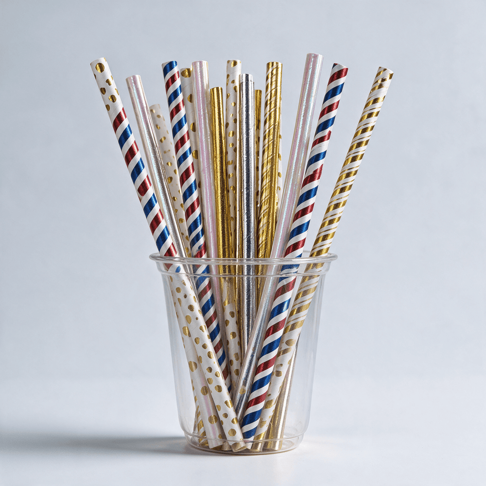 assorted premium 8mm decorative paper straws metallic gold silver striped heart pattern in glass – PackItUp Pakistan