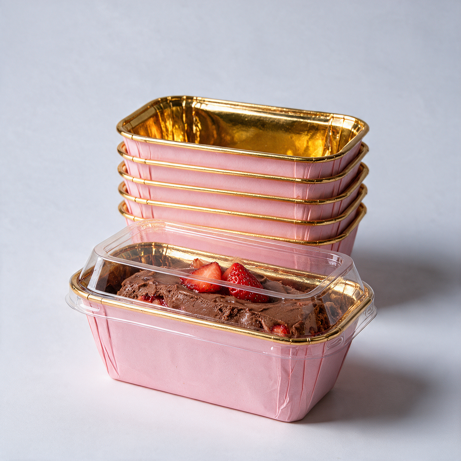 rectangle paper baking and dessert mold with golden lining clear pet lid holding chocolate strawberry dessert – PackItUp Pakistan