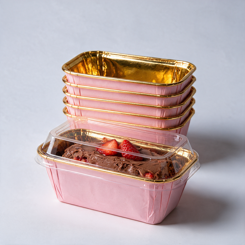 rectangle paper baking and dessert mold with golden lining clear pet lid holding chocolate strawberry dessert – PackItUp Pakistan