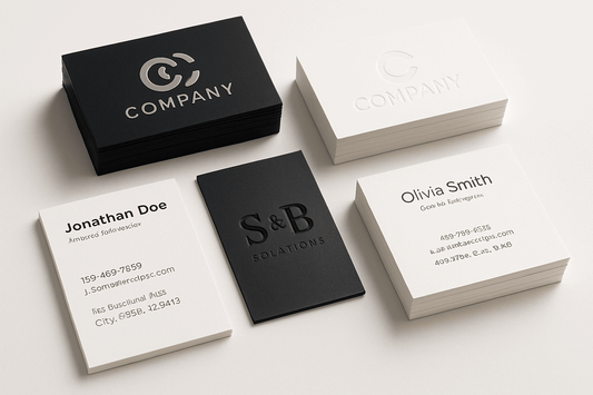 Professional business cards with various finishes and elegant designs on premium cardstock