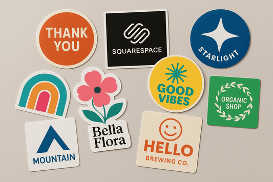 Realistic customized stickers in various shapes and sizes with vibrant colors and professional printing quality
