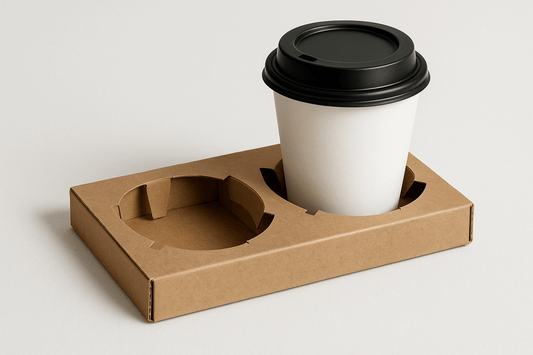 Realistic product photo of a low-profile kraft brown cardboard coffee cup carrier with two compartments, showing one white paper coffee cup with a black lid placed in one compartment while the other remains empty