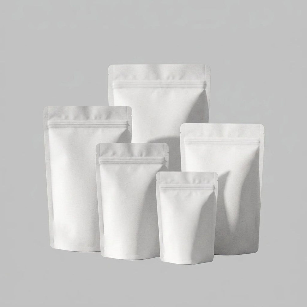 premium matte white stand up pouch with resealable zip lock for retail food packaging – PackItUp Pakistan