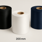 Three separate ribbon rolls in black, white, and navy blue, each 200mm wide