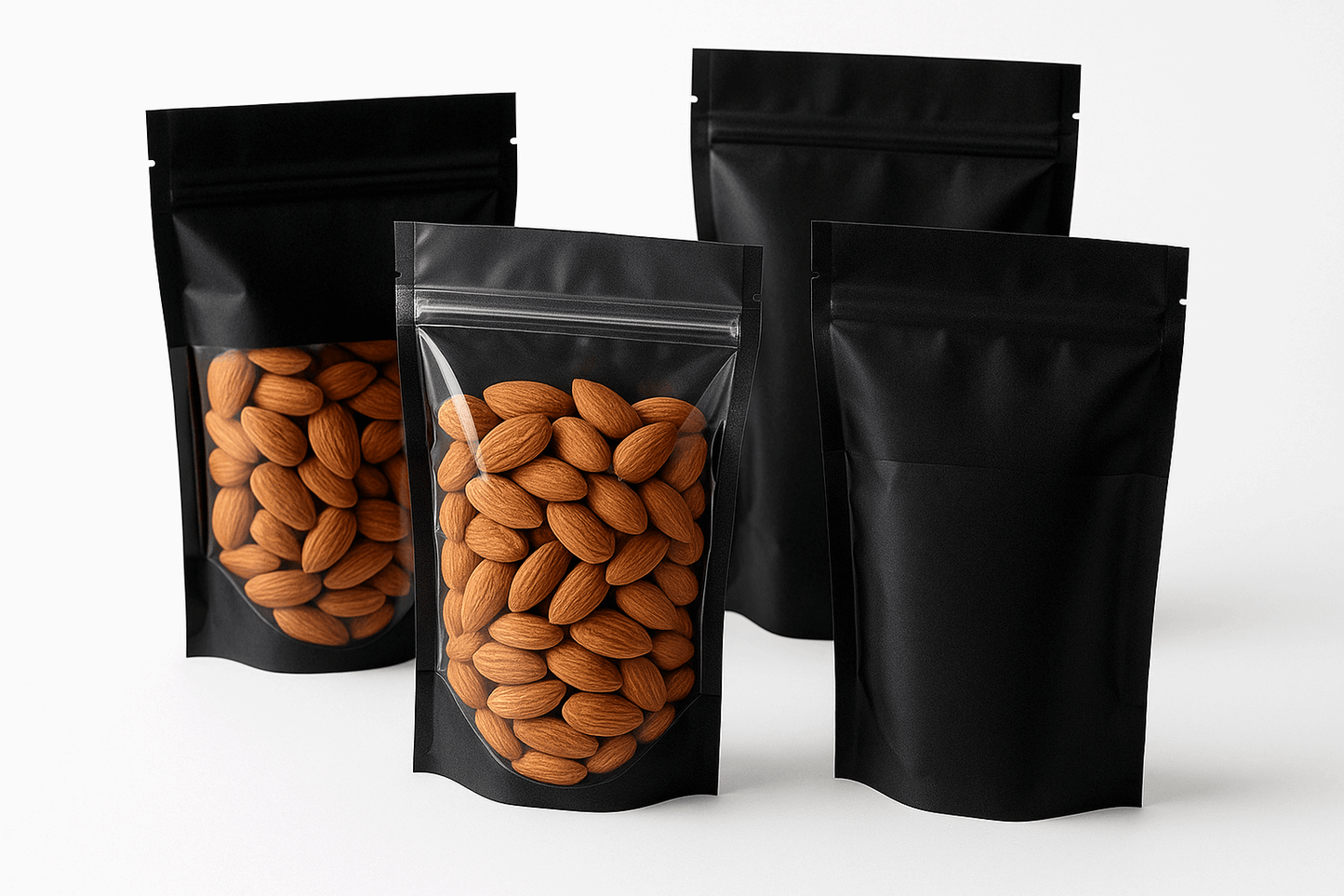 Transparent front and black back pouches filled with almonds