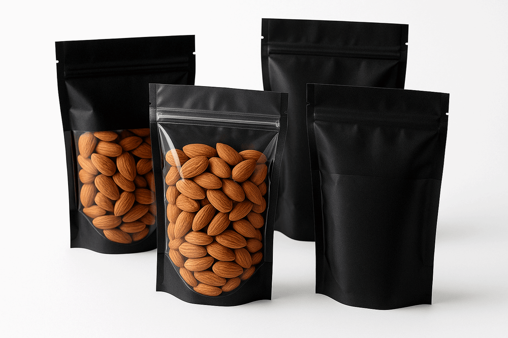 Transparent front and black back pouches filled with almonds