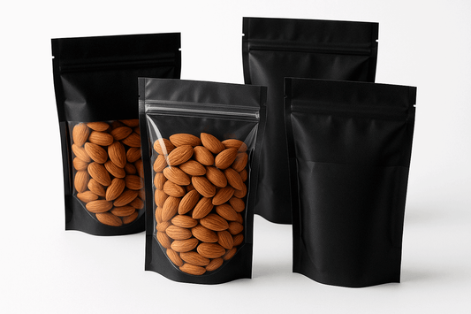Transparent front and black back pouches filled with almonds