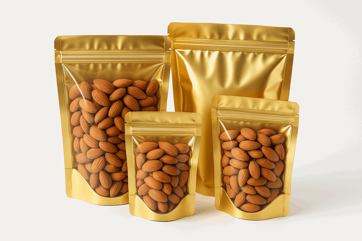 Transparent front and gold back pouches filled with almonds