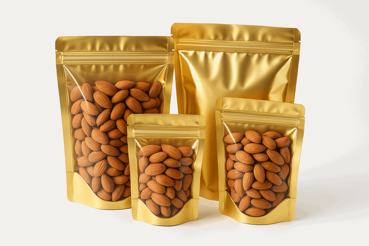 Transparent front and gold back pouches filled with almonds