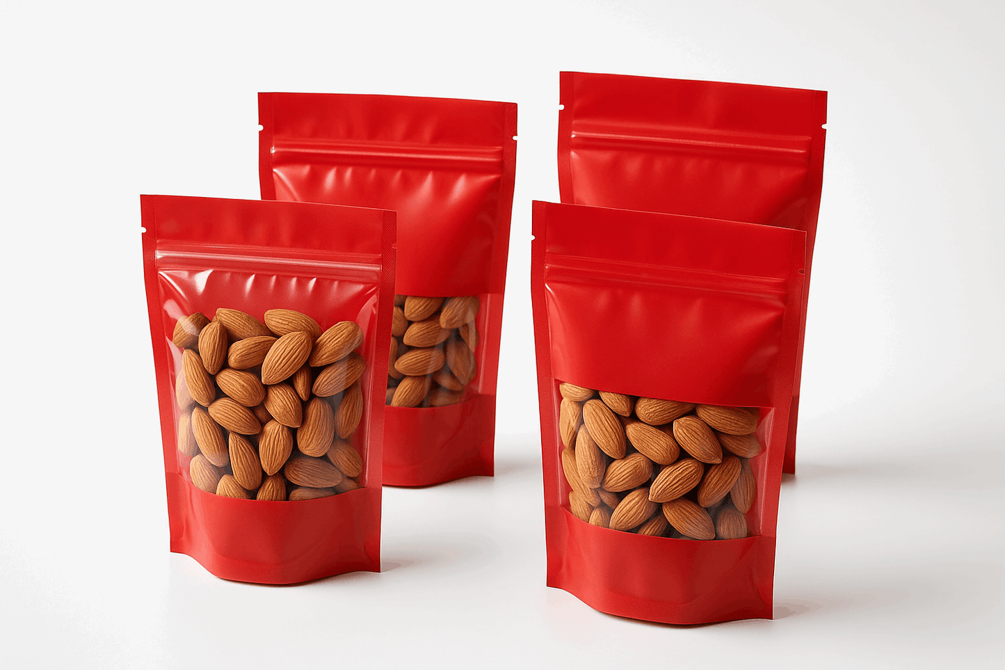Transparent front and red back pouches filled with almonds