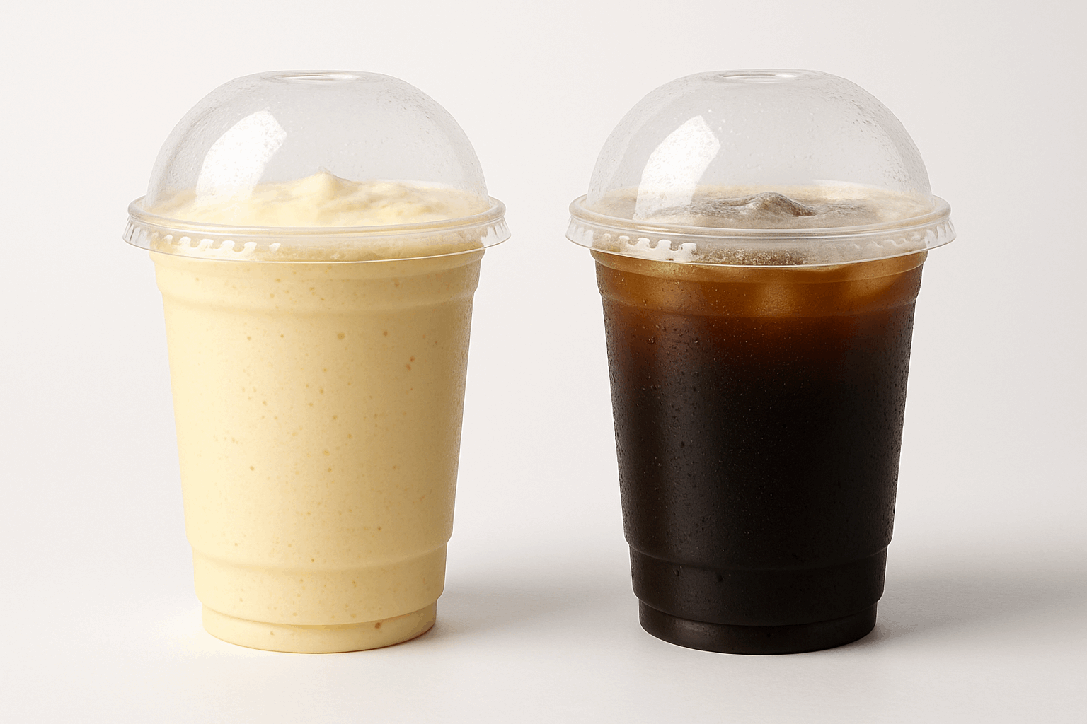 Two clear plastic cups with dome lids - one containing a creamy banana milkshake and the other containing dark cold coffee, both with condensation droplets on a white background