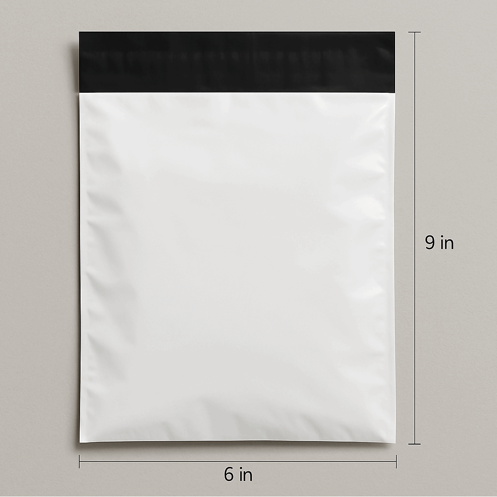 White plastic delivery flyer bag with black stickable flap